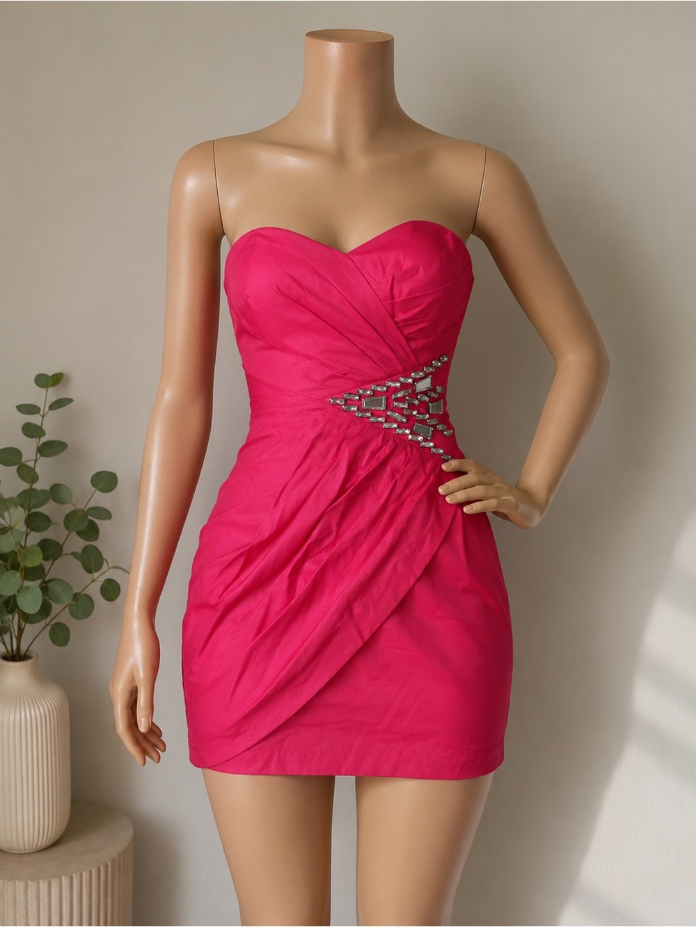 Lipsy Strapless Hot Pink Ruched Mini Dress with Crystal Side Detail